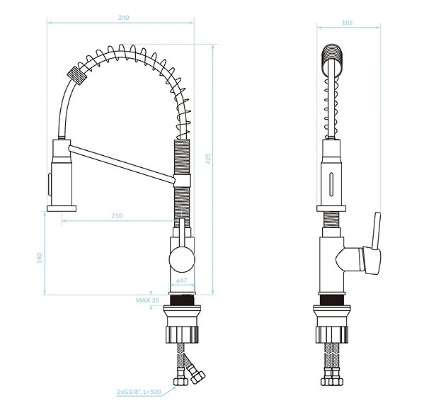 Tap Kuchinox LOCO Upright sink mixer with spring (BQC_06SD) Technical draft