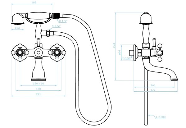 Tap Kuchinox STILO wall-mounted bath mixer with accessories (BKI_511D) Technical draft