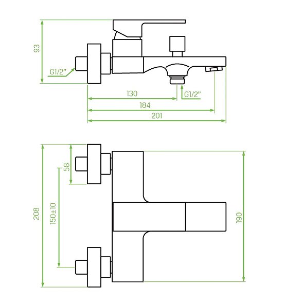 Tap Laveo Kvadrato wall-mounted bath mixer without accessories, black (BLQ_710D) Technical draft