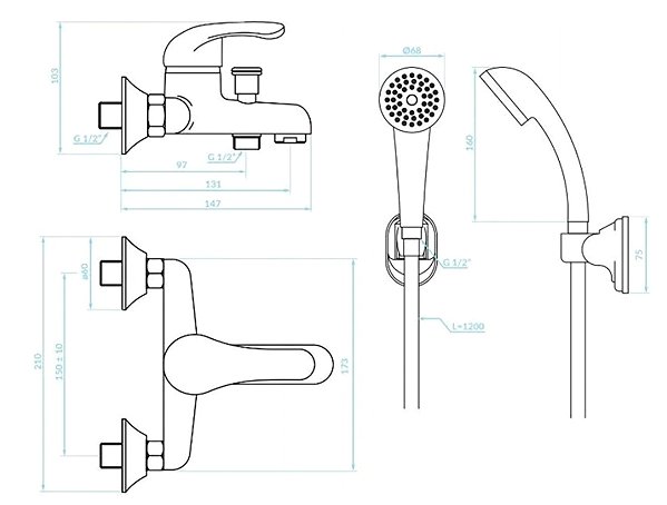Tap Kuchinox PEDRO Wall-mounted bath mixer with accessories (BQE_011D) Technical draft