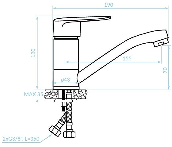 Tap Kuchinox SAGRA pedestal basin mixer with swivel arm (BQR_726D) Technical draft