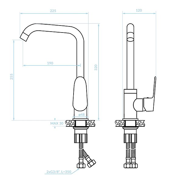 Tap Kuchinox SAGRA pedestal sink mixer L, black (BQR_765D) Technical draft
