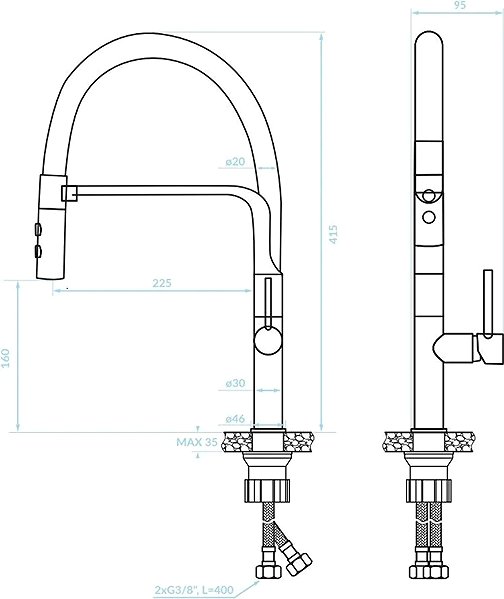 Tap Kuchinox SILUETTO U-hand basin mixer, black (BQU_B78D) Technical draft