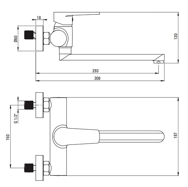 Tap Deante Tubo Chrom Sink mixer, wall-mounted (BUT_080M) ...