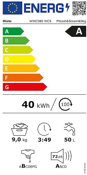 Washing Machine MIELE WWD380WCS EU1 LW PW Wash & Steam 9 kg Energy label