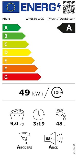 Washing Machine MIELE WWI880WCS EU1 LW PWash & TDos & Steam 9 kg Energy label