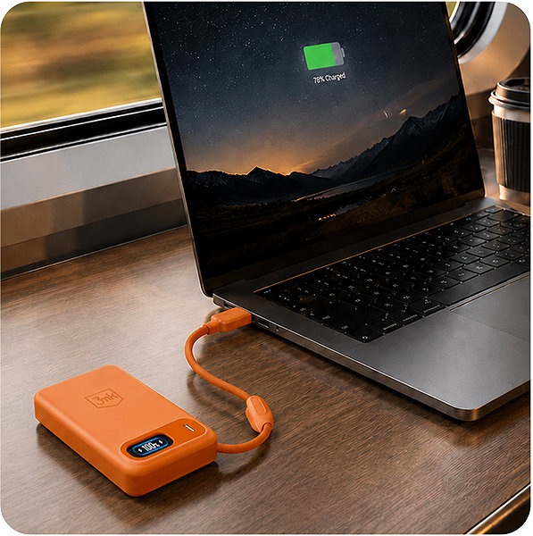 Power bank 3MK Incharge Genesis Qi2, 10.000 mAh, 25W MagSafe + USB-C PD 45W, beépített kábel, narancssárga ...