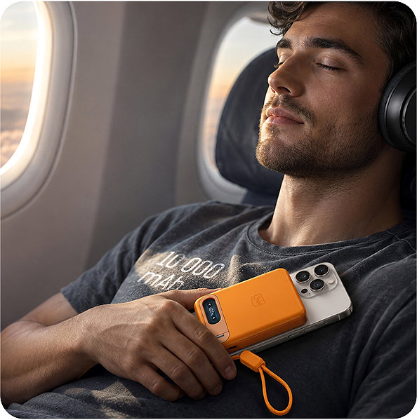 Power bank 3MK Incharge Genesis Qi2, 10.000 mAh, 25W MagSafe + USB-C PD 45W, beépített kábel, narancssárga ...