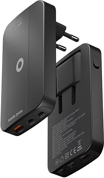 Wall Charger Mobile Origin 65W GaN III Slim Charger dual USB-C Single USB-A Black ...
