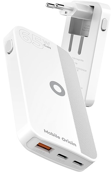 Wall Charger Mobile Origin 65W GaN III Slim Charger dual USB-C Single USB-A White ...