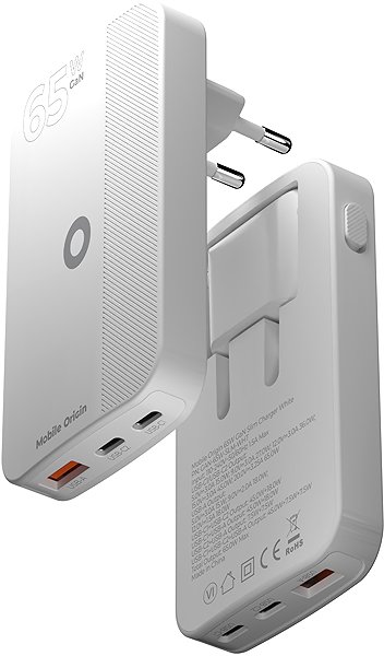 Wall Charger Mobile Origin 65W GaN III Slim Charger dual USB-C Single USB-A White ...