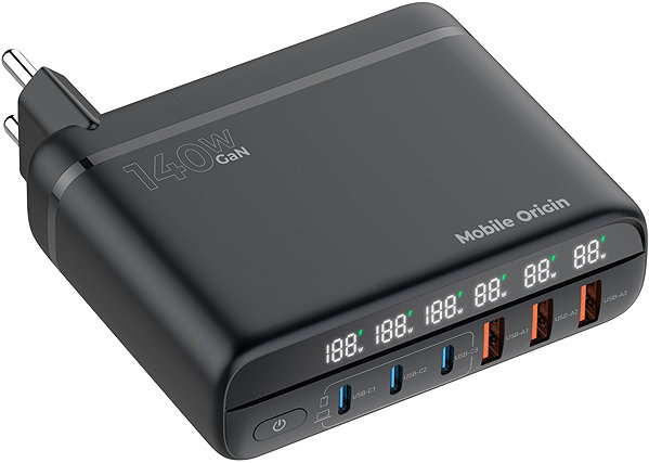 Wall Charger Mobile Origin GaN 140W Travel Charger Hub PW12 EU/UK/US 3x USB-C + 3x USB-A ...