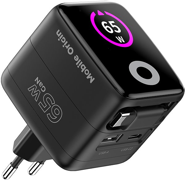 Wall Charger Mobile Origin 65W GaN Display Charger PW3 - USB-C Cable + USB-C + USB-A ...