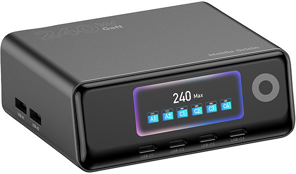 Wall Charger Mobile Origin 240W GaN Display Charger Hub PW39 - 4× USB-C + 2× USB-A ...