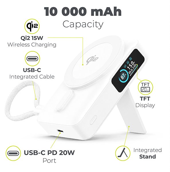 Power Bank Mobile Origin 10000mAh Qi2 TFT Display Semi-Solid PowerBank PB19 - USB-C Cable White ...