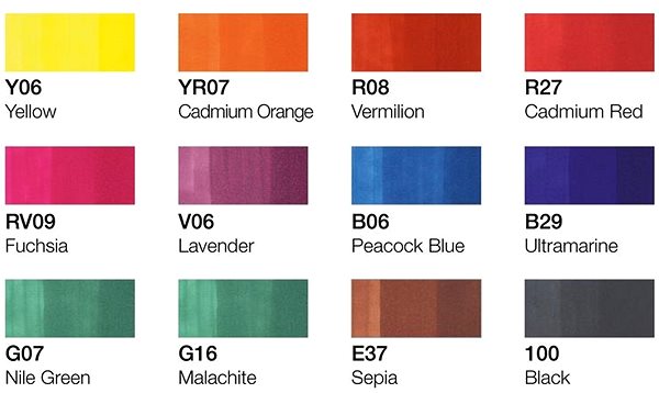 Markers COPIC Classic double-sided Fine Chisel 12 pcs clear tones .