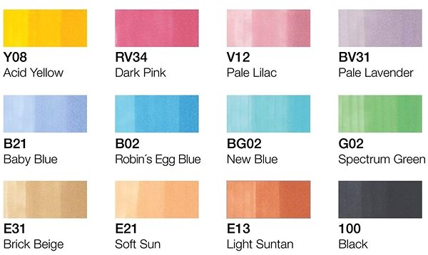 COPIC Classic double-sided Fine Chisel 12 pcs pastel tones .
