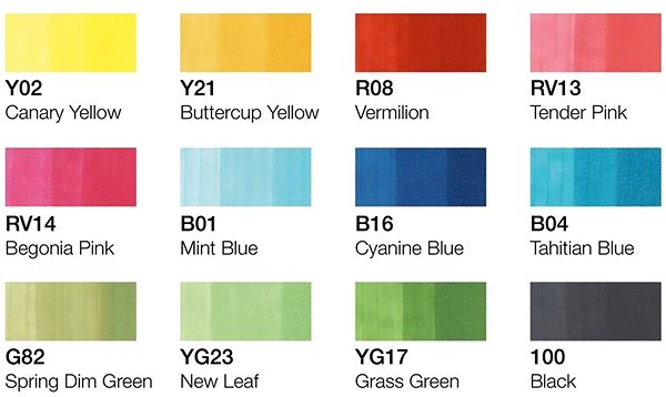 COPIC Classic Double-sided Fine Chisel 12 pcs spring tones .