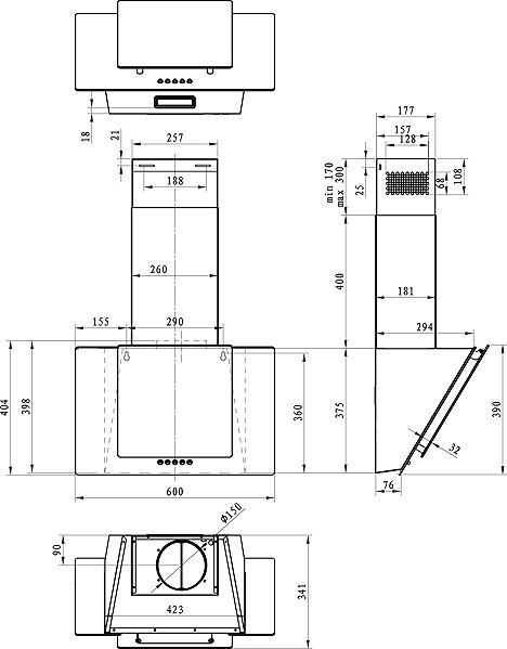 MORA OV 648 GBX cooker hood technical drawing