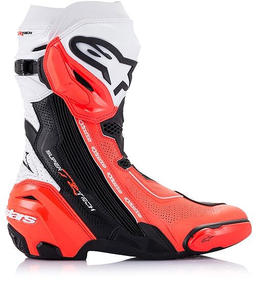 ALPINESTARS SUPERTECH R VENTED motorcycle boots, black/white/red fluo, perforated outer shell, 2025, size 42.