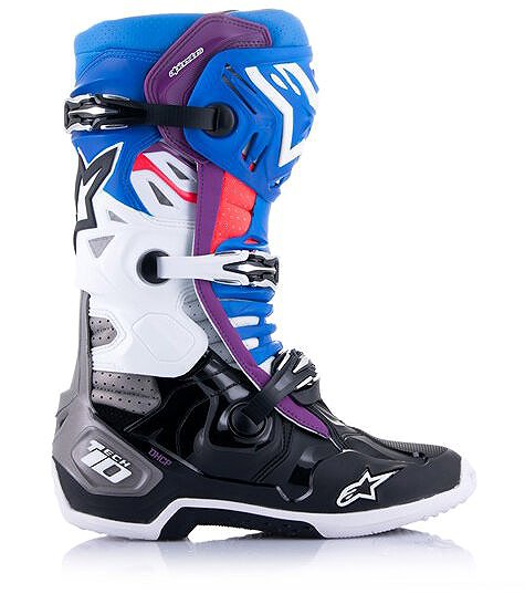 ALPINESTARS TECH 10 SUPERVENTED perforated motorcycle boots, blue/purple/pink/white/grey, 2025, size 42.