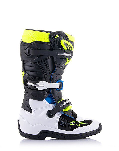 ALPINESTARS TECH 7 S boots, kids', black/white/fluo yellow/blue, 2025, size 40.5.