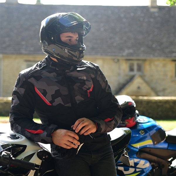 Motorkárska bunda Oxford Delta 1.0, sivá camo/červená/čierna, L ...