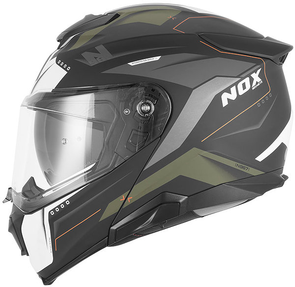 NOX N967 CONQUER 2026 motorcycle helmet, matt black, khaki, orange, size XL.