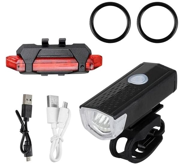 Kerékpár lámpa KIK KX5398 LED-es kerékpárvilágítás, hátsó-első USB-készlet Csomag tartalma