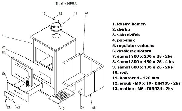 Fireplace stove Thalia NERA ECO grey 5,4 kW, flue 120 mm Technical drawing