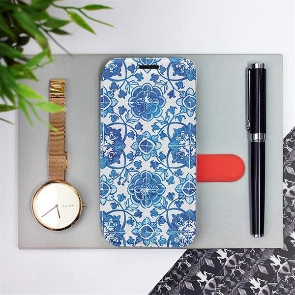Kryt na mobil Flipové puzdro na mobil Samsung Galaxy A21S – ME05P Modré dlaždice s kvetmi ...