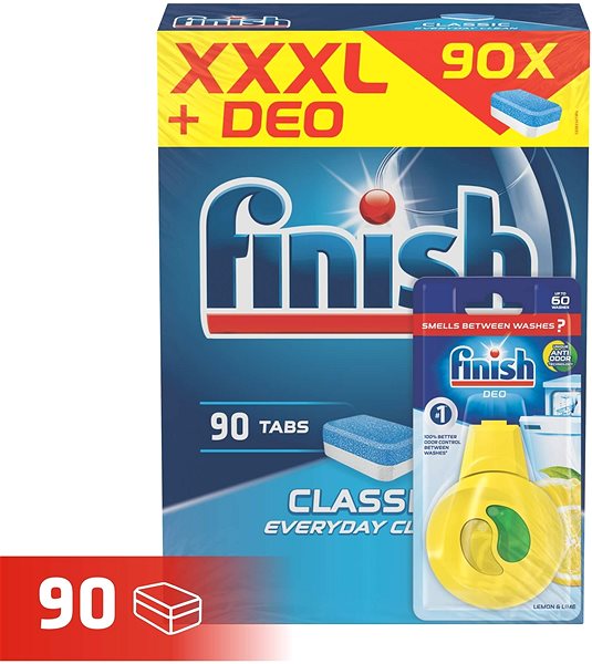 Tablety do umývačky FINISH Classic 90 ks + Osviežovač do umývačky Lemon & Lime Vlastnosti/technológia