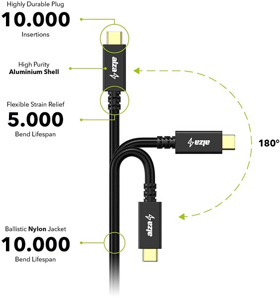 Dátový kábel AlzaPower AluCore USB-C to USB-C (Gen2) 5A/100W Vlastnosti/technológia