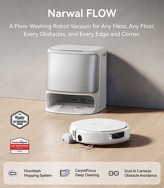 Robot Vacuum Narwal Flow AI Robot with Belt Mop and Self-Cleaning Station ...