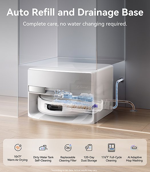 Saugroboter Narwal Flow Compact Station AI – Roboter mit Bandmopp und selbstreinigender Station mit Abwasseransc ...