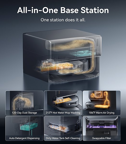 Saugroboter Narwal Flow2 Compact Station AI – Roboter mit Bandmopp und selbstreinigender Station mit Abwasserans ...