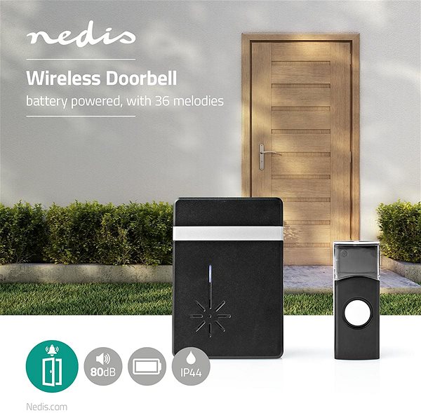 Csengő NEDIS Vezeték nélküli ajtócsengő-készlet DOORB212BK Jellemzők/technológia