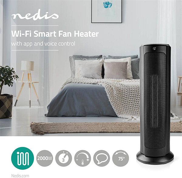 Ventilátor NEDIS Wi-Fi intelligens oszlopventilátor WIFIFNH10CBK fűtéssel Lifestyle