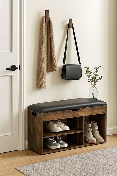 Nejlevnější nábytek Calki Shoe Rack with Seat, Brown/Black Synthetic leather.