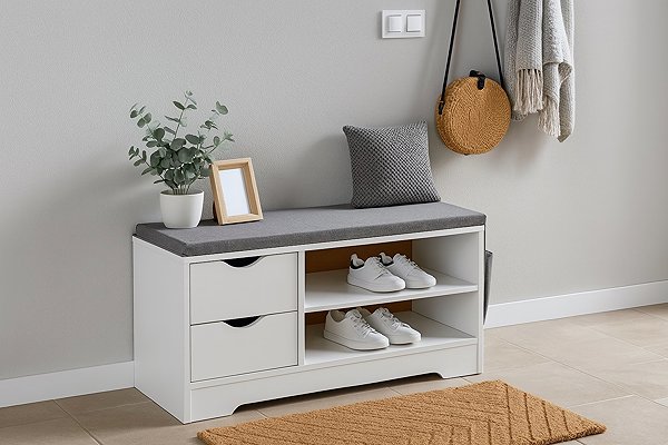 Nejlevnější nábytek Orvi Shoe Rack Bench with Seat, White/Grey Fabric