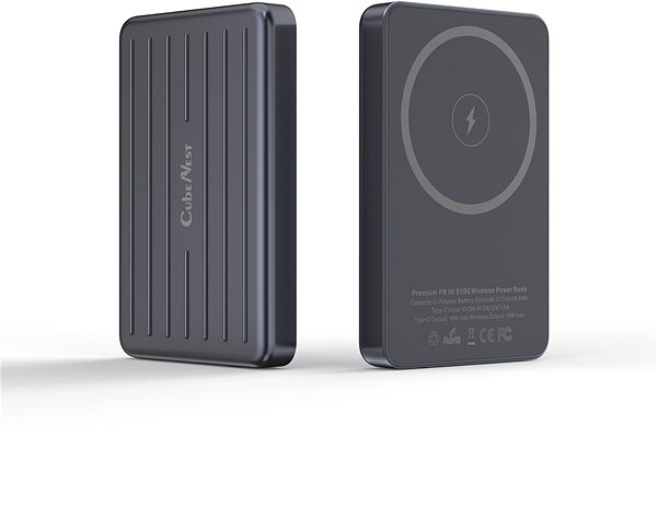 Bezdrôtová nabíjačka PowerCube CubeNest S1B0 bezdrôtová magnetická powerbanka 5000 mAh s podporou upevnenia MagSafe – sivá Bočný pohľad