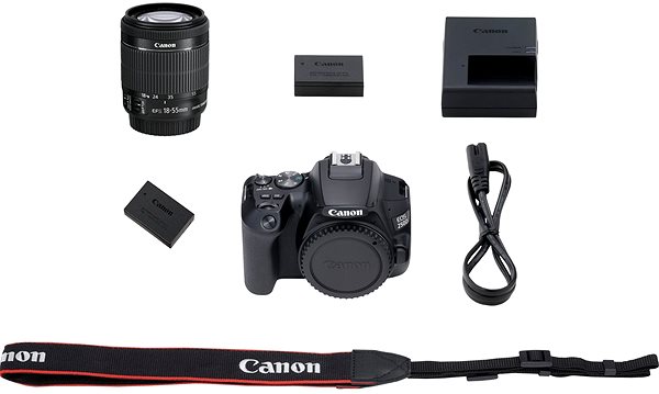 Digitális fényképezőgép Canon EOS 250D fekete + EF-S 18-55 mm f/4-5.6 IS STM + LP-E17 Csomag tartalma