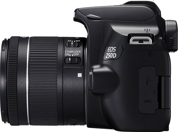 Digitalkamera Canon EOS 250D schwarz + EF-S 18-55 mm f/4-5.6 IS STM Seitlicher Anblick