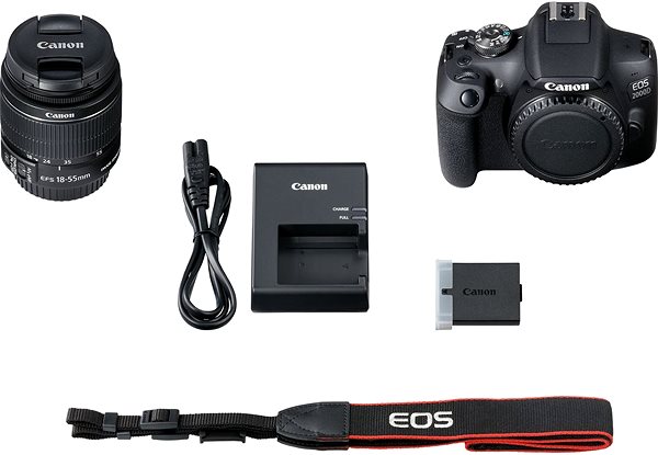 Digitális fényképezőgép Canon EOS 2000D + EF-S 18-55 mm f/3,5-5,6 DC III Csomag tartalma