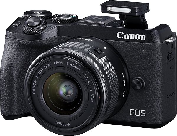 Digitalkamera Canon EOS M6 Mark II + EF-M 15-45 mm f/3.5-6.3 IS STM Webcam Kit schwarz Seitlicher Anblick