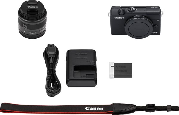 Digitális fényképezőgép Canon EOS M200 + EF-M 15-45mm f/3.5-6.3 IS STM fekete színű Csomag tartalma