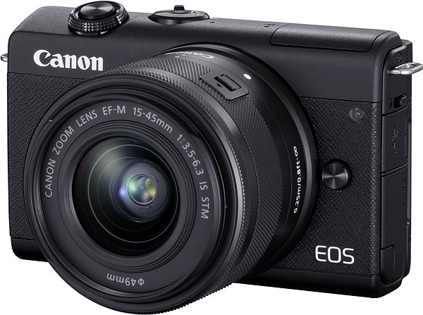 Digitális fényképezőgép Canon EOS M200 + EF-M 15-45 mm f/3.5-6.3 IS STM Webcam Kit fekete Oldalnézet