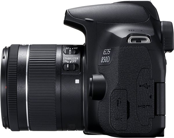 Digitalkamera Canon EOS 850D + EF-S 18-55 mm f/3,5-5,6 IS STM Seitlicher Anblick
