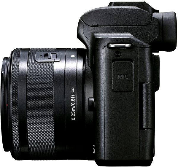 Digitalkamera Canon EOS M50 Mark II schwarz + EF-M 15-45 mm f/3.5-6.3 IS STM + EF-M 55-200 mm f/4.5-6.3 IS STM Seitlicher Anblick