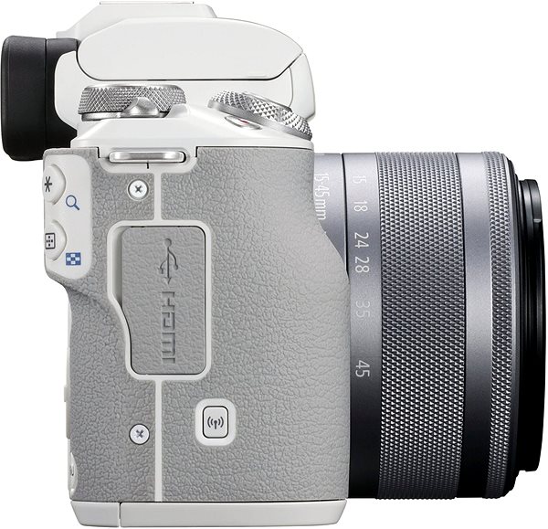 Digitalkamera Canon EOS M50 Mark II weiß + EF-M 15-45 mm f/3.5-6.3 IS STM Seitlicher Anblick